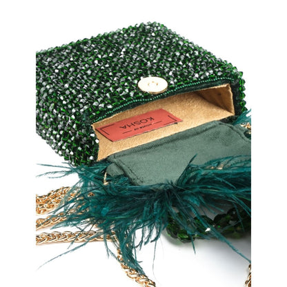 House Of Kosha Natali Green Embellished with Feathers Mini Handbag