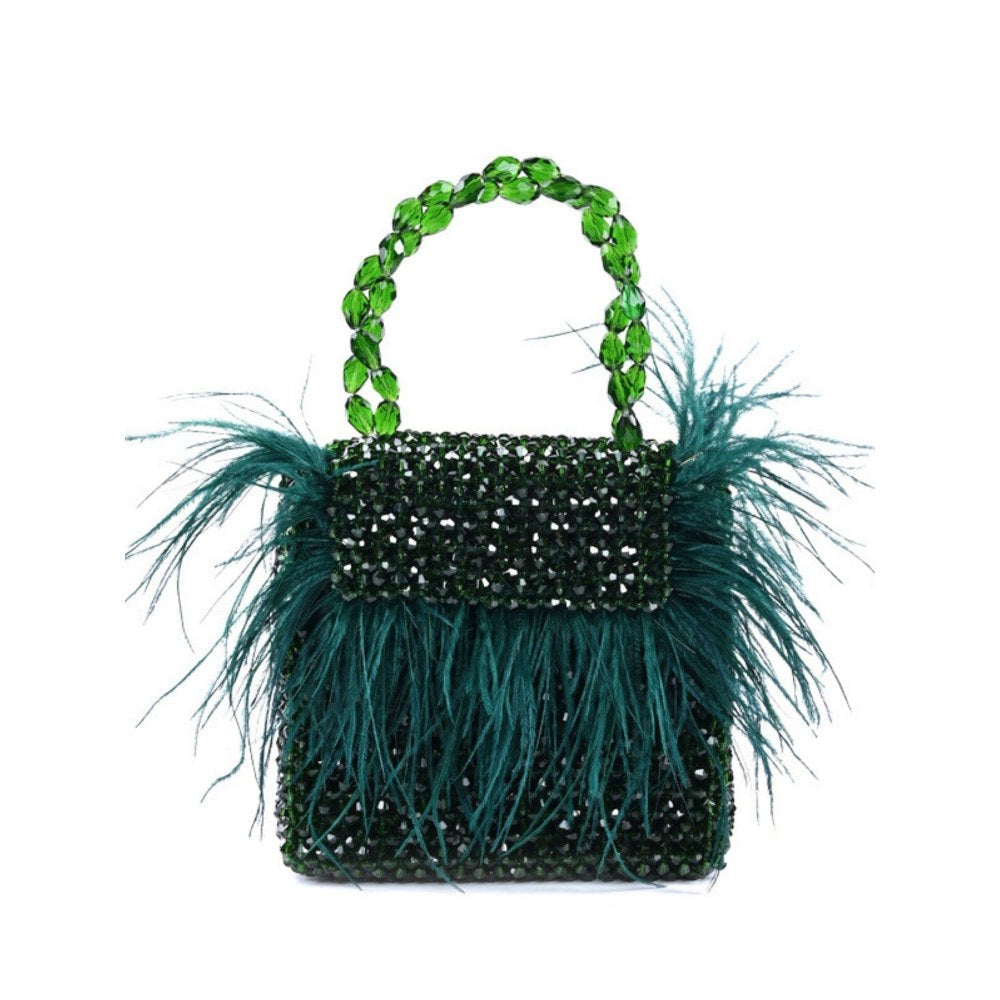 House Of Kosha Natali Green Embellished with Feathers Mini Handbag