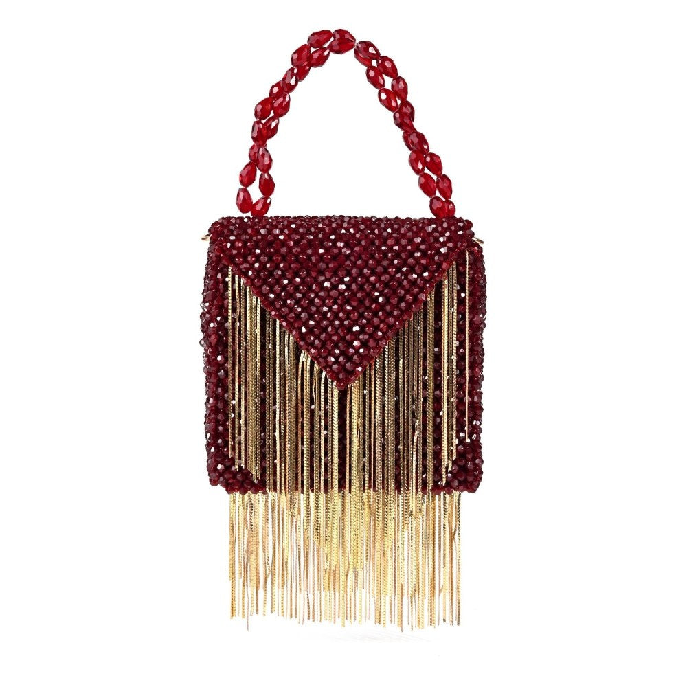 House Of Kosha Natali Maroon Embellished with Gold Chain Mini Handbag