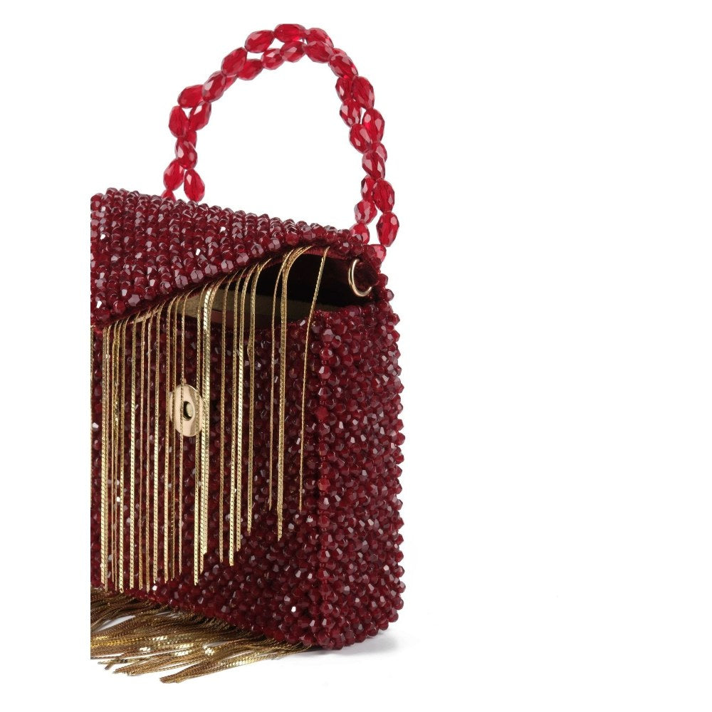 House Of Kosha Natali Maroon Embellished with Gold Chain Mini Handbag