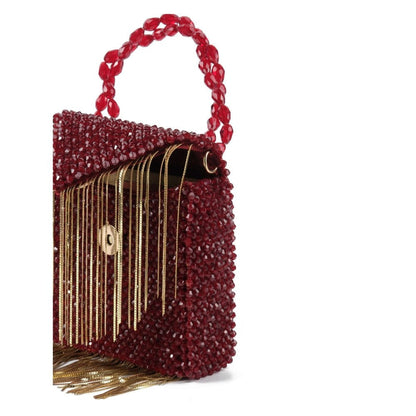 House Of Kosha Natali Maroon Embellished with Gold Chain Mini Handbag