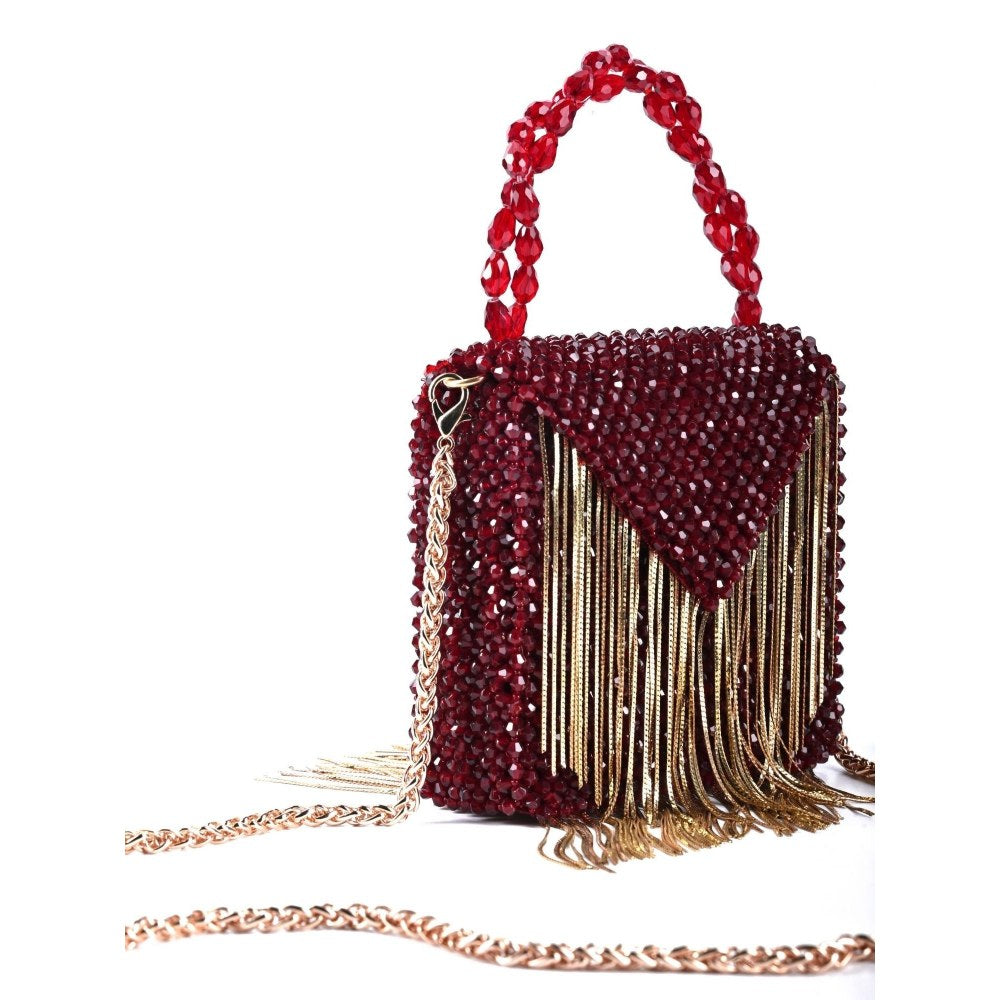 House Of Kosha Natali Maroon Embellished with Gold Chain Mini Handbag