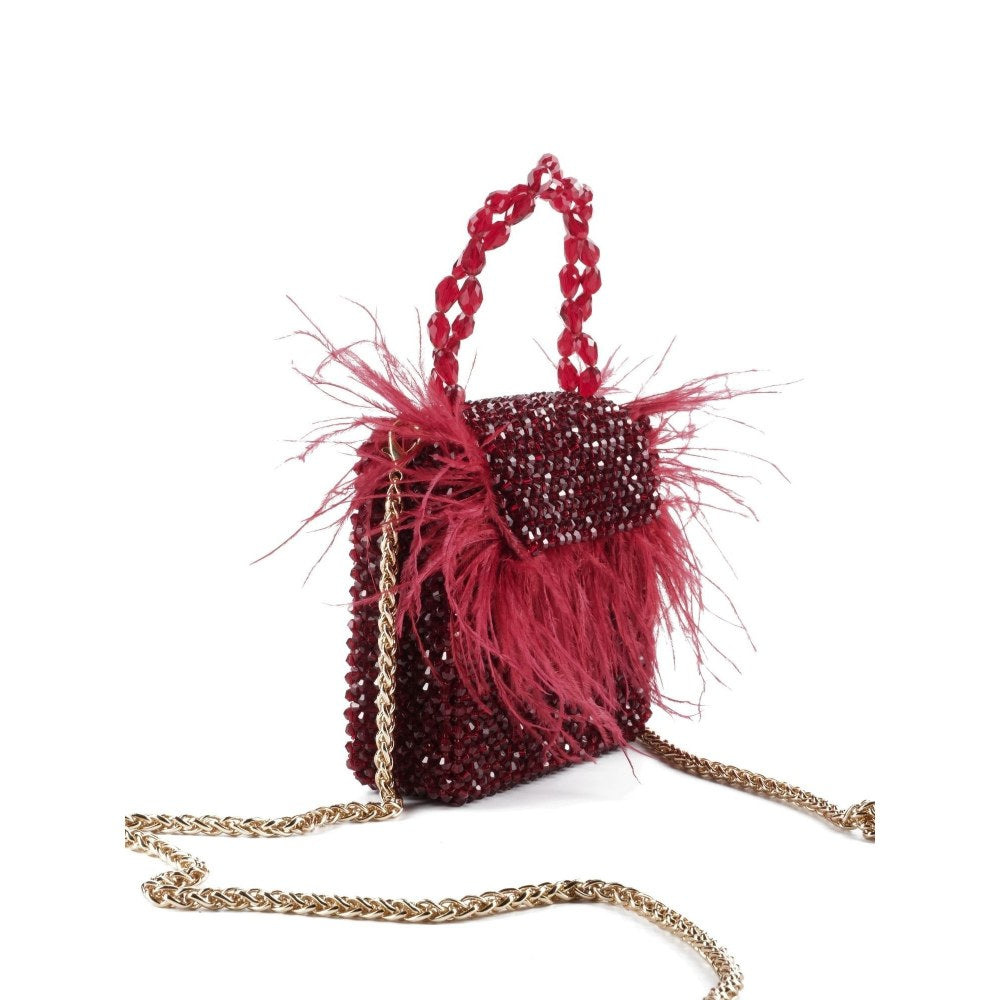 House Of Kosha Natali Red Embellished with Feathers Mini Handbag