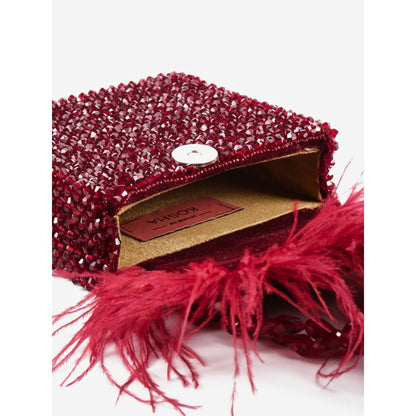 House Of Kosha Natali Red Embellished with Feathers Mini Handbag
