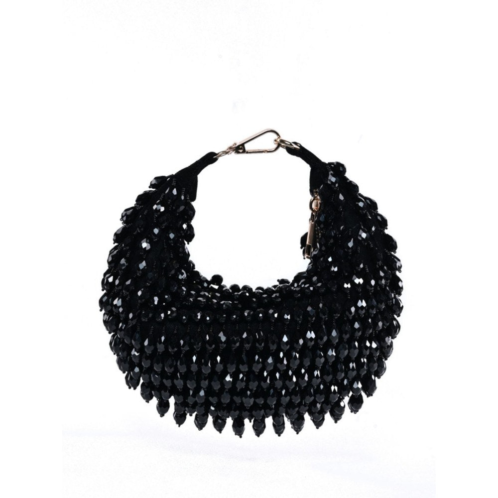 House Of Kosha Ophelia Black Suede Embellished Hobo Bag