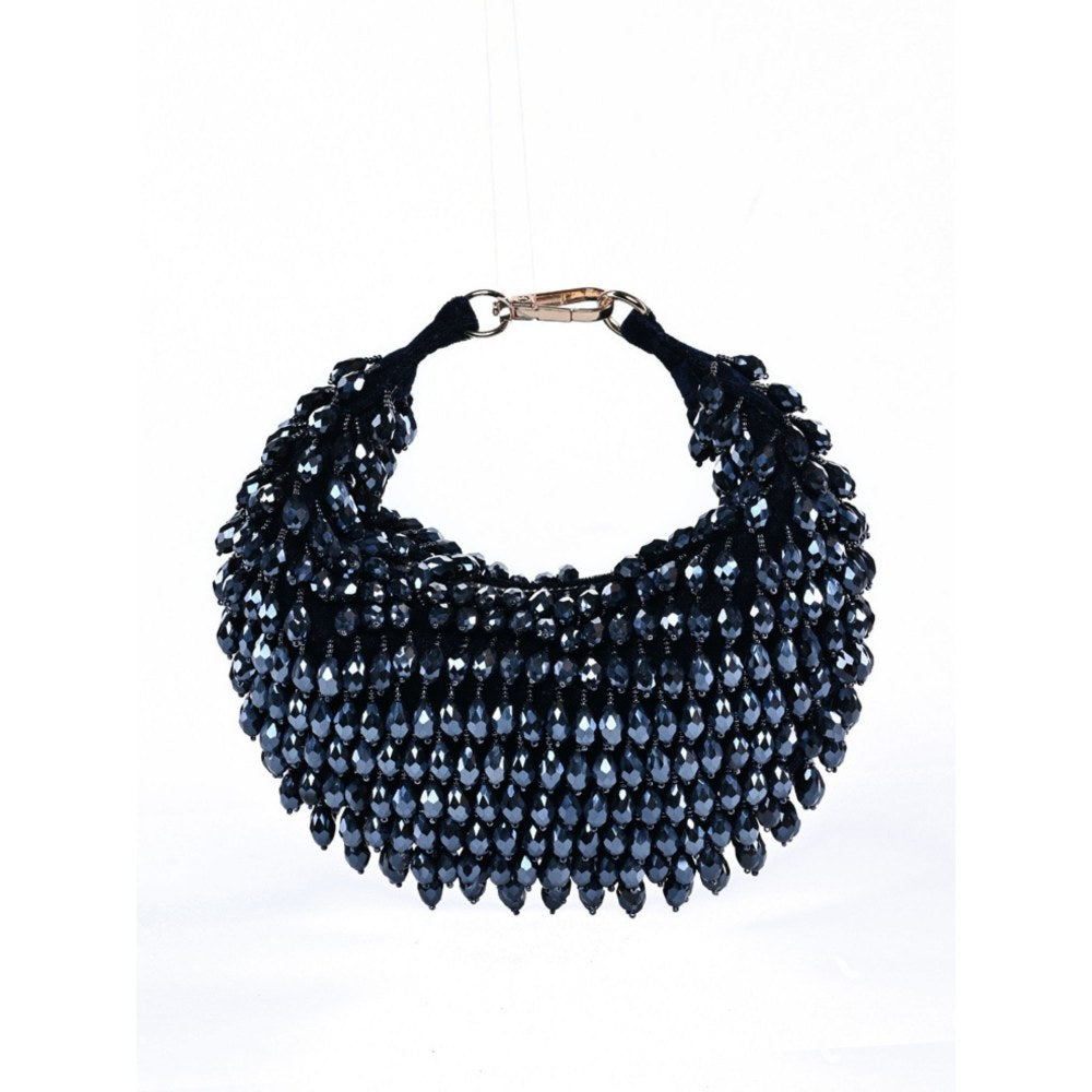 House Of Kosha Ophelia Navy Blue Suede Embellished Hobo Bag