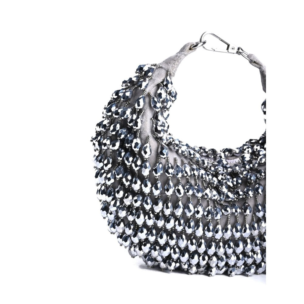 House Of Kosha Ophelia Grey Suede Embellished Hobo Bag