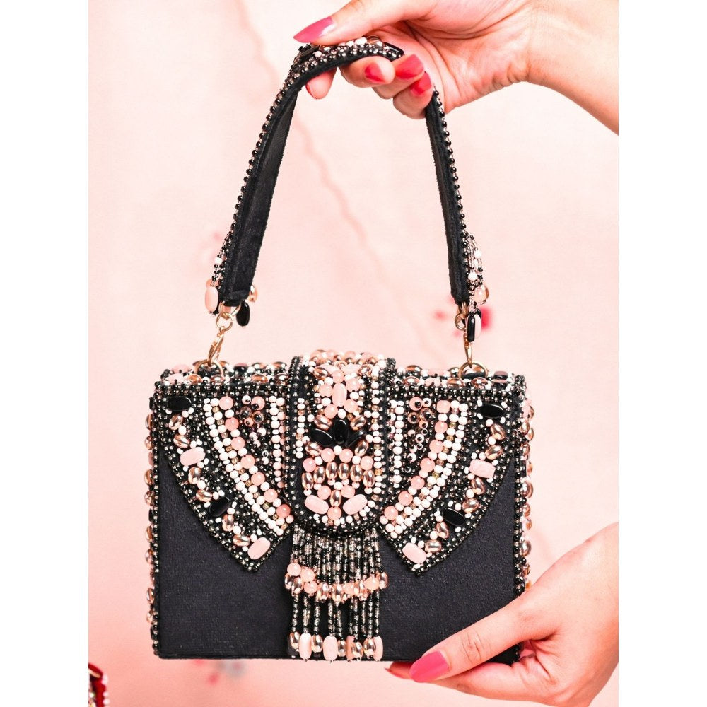 House Of Kosha Sara Black Suede Embellished Box Clutch
