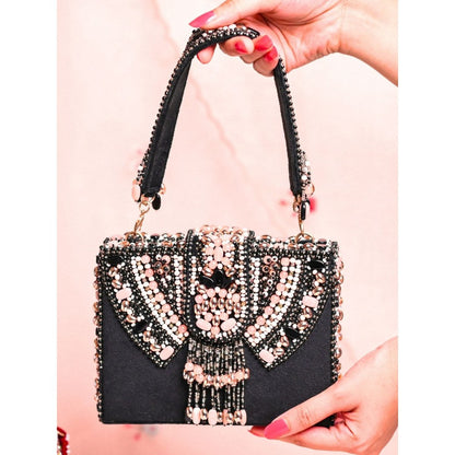 House Of Kosha Sara Black Suede Embellished Box Clutch