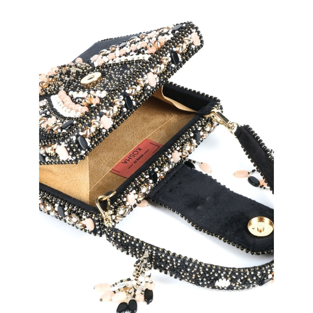House Of Kosha Sara Black Suede Embellished Box Clutch