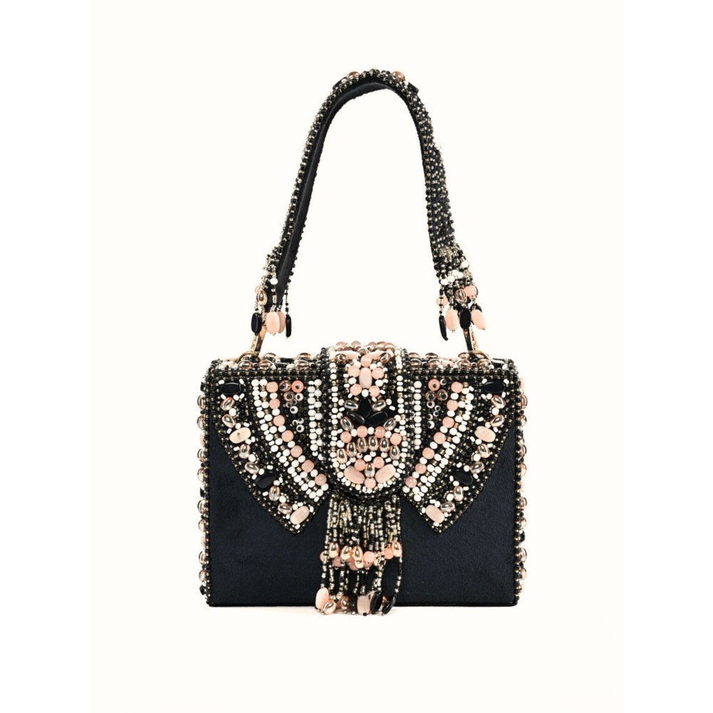 House Of Kosha Sara Black Suede Embellished Box Clutch