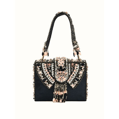House Of Kosha Sara Black Suede Embellished Box Clutch
