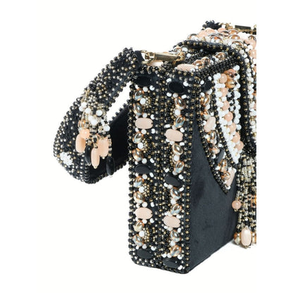 House Of Kosha Sara Black Suede Embellished Box Clutch