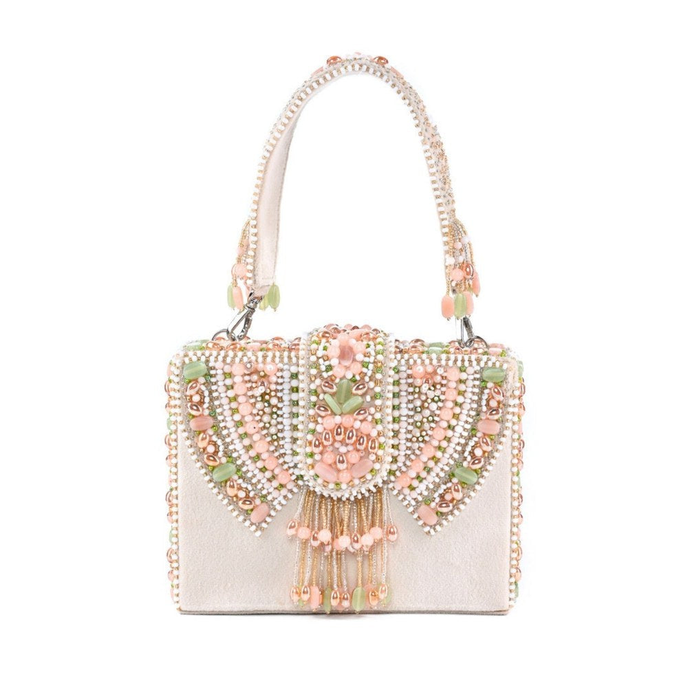 House Of Kosha Sara Off White Suede Embellished Box Clucth