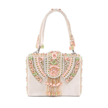 House Of Kosha Sara Off White Suede Embellished Box Clucth