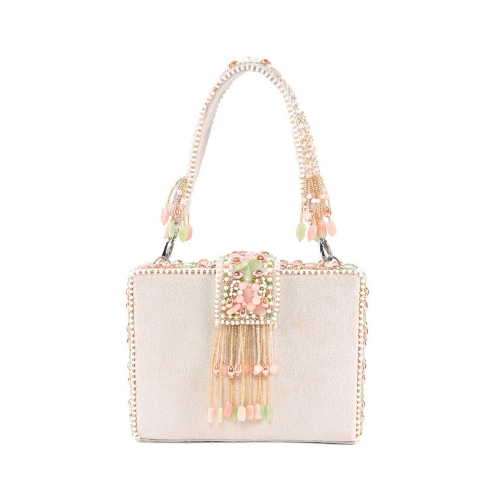 House Of Kosha Sara Off White Suede Embellished Box Clucth