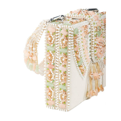 House Of Kosha Sara Off White Suede Embellished Box Clucth