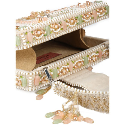 House Of Kosha Sara Off White Suede Embellished Box Clucth