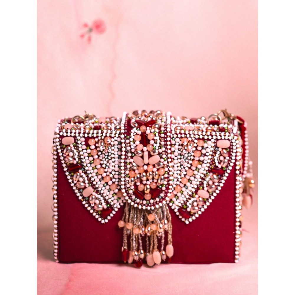 House Of Kosha Sara Maroon Suede Embellished Box Clucth