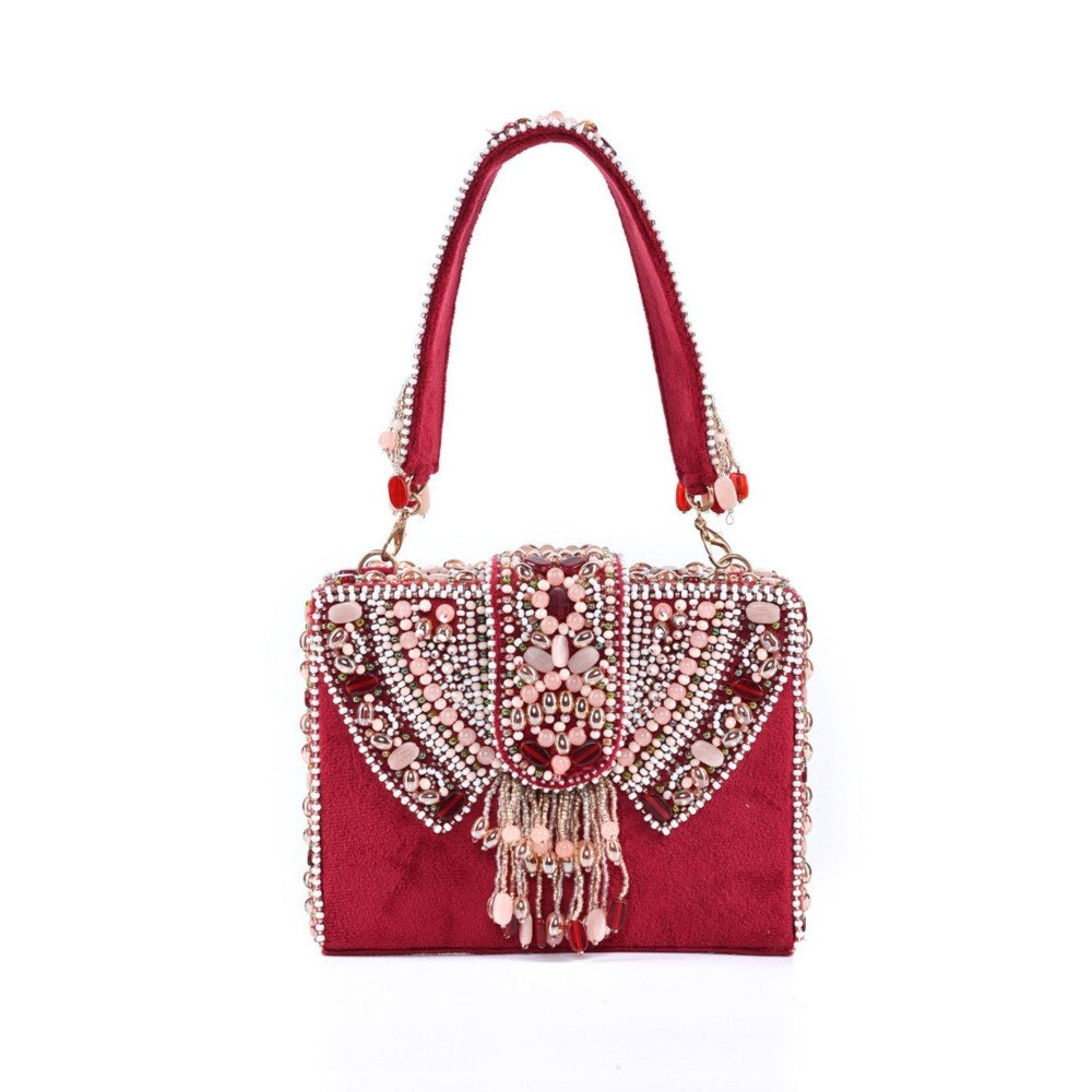 House Of Kosha Sara Maroon Suede Embellished Box Clucth