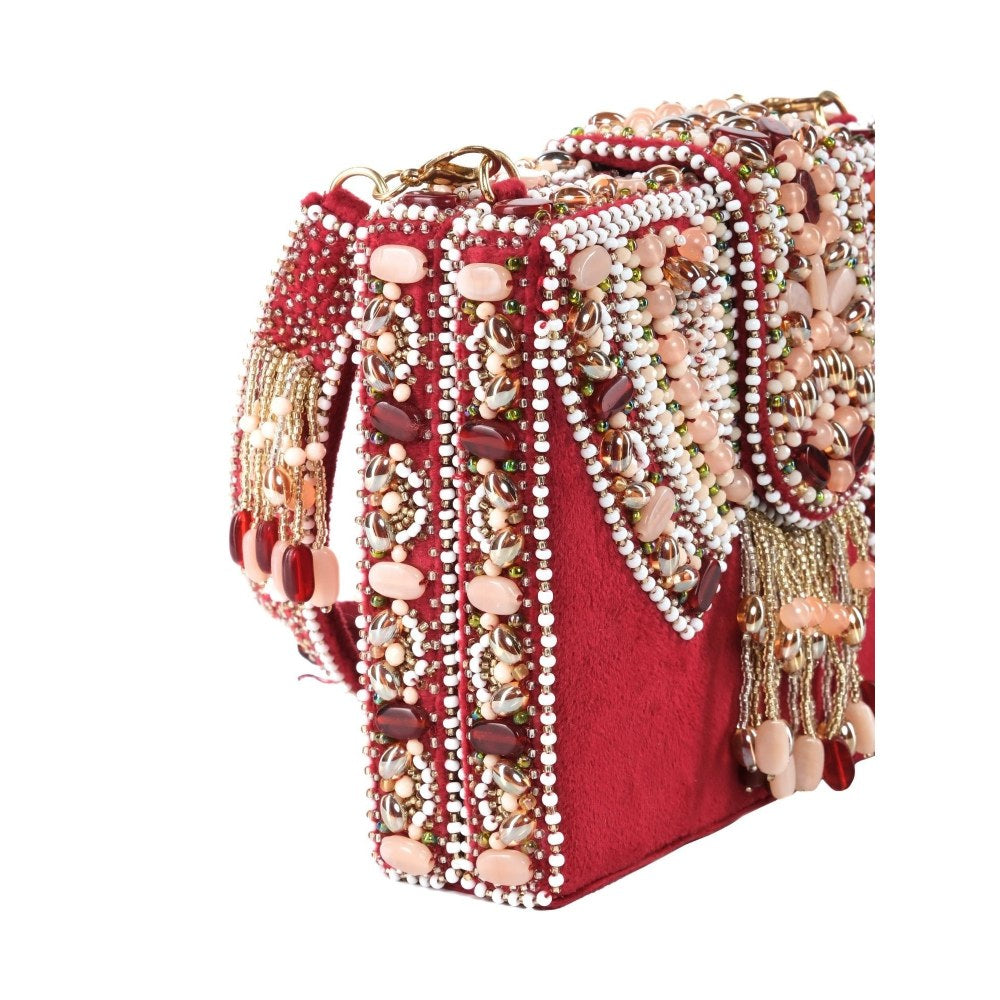 House Of Kosha Sara Maroon Suede Embellished Box Clucth