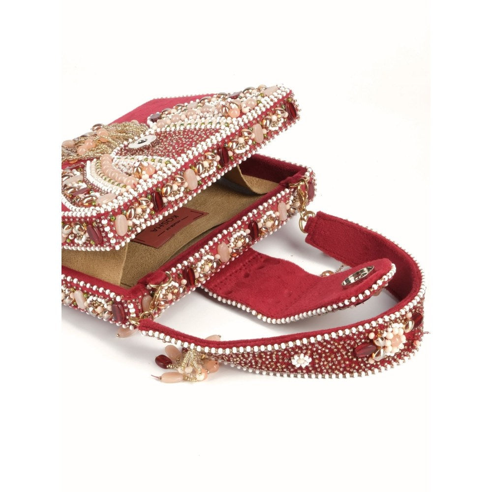 House Of Kosha Sara Maroon Suede Embellished Box Clucth
