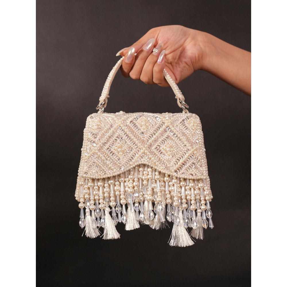 House Of Kosha Elara Ivory Suede Embellished Clutch with Detachable Sling Chain