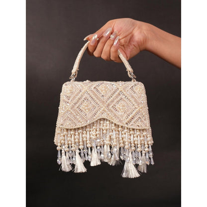 House Of Kosha Elara Ivory Suede Embellished Clutch with Detachable Sling Chain