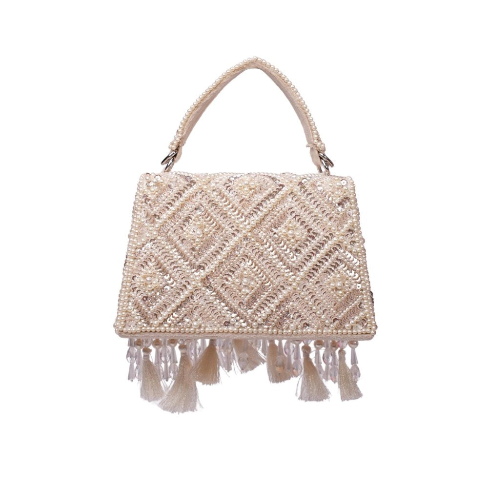 House Of Kosha Elara Ivory Suede Embellished Clutch with Detachable Sling Chain