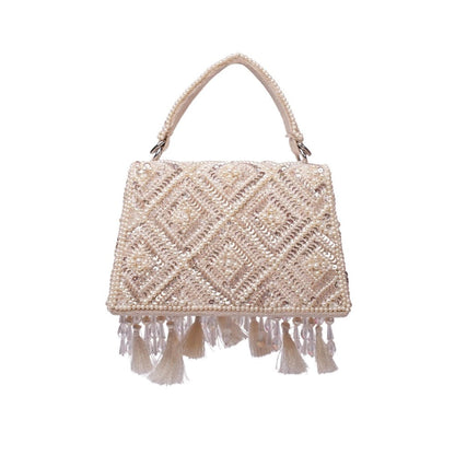 House Of Kosha Elara Ivory Suede Embellished Clutch with Detachable Sling Chain