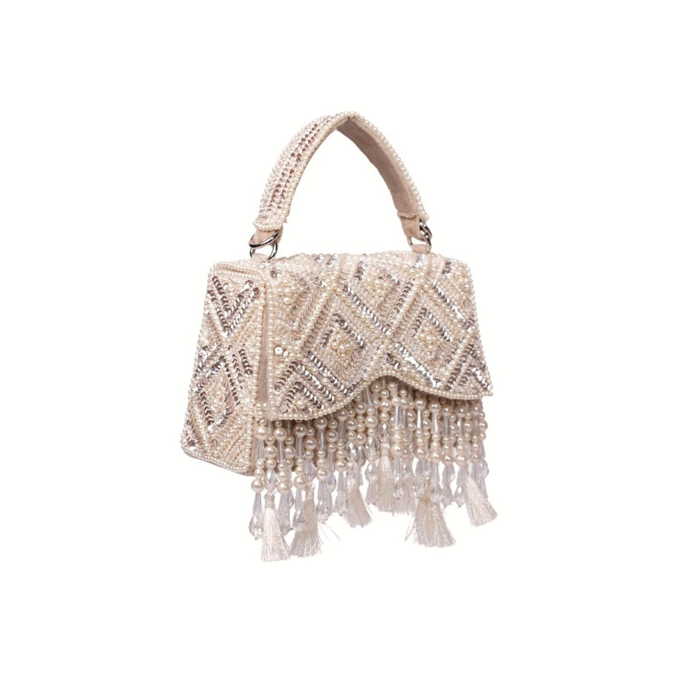 House Of Kosha Elara Ivory Suede Embellished Clutch with Detachable Sling Chain