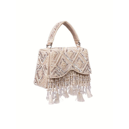 House Of Kosha Elara Ivory Suede Embellished Clutch with Detachable Sling Chain