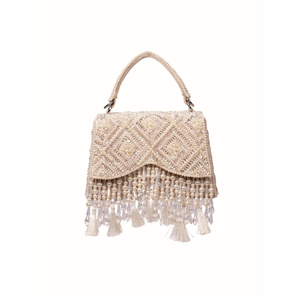 House Of Kosha Elara Ivory Suede Embellished Clutch with Detachable Sling Chain