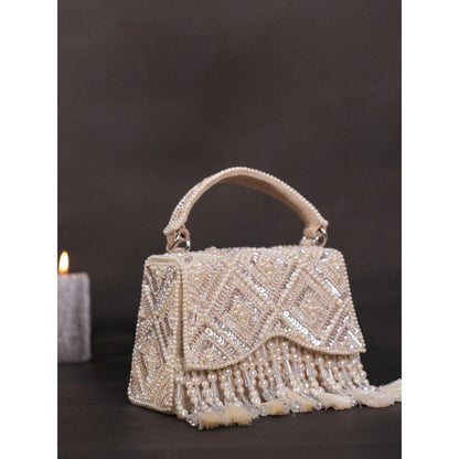 House Of Kosha Elara Ivory Suede Embellished Clutch with Detachable Sling Chain