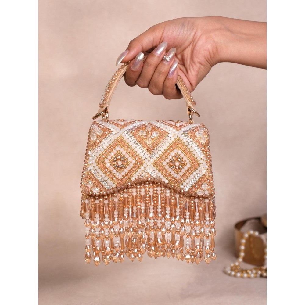 House Of Kosha Elara Gold Pastel Suede Embellished Clutch with Detachable Sling Chain
