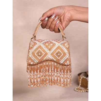 House Of Kosha Elara Gold Pastel Suede Embellished Clutch with Detachable Sling Chain