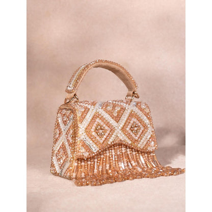 House Of Kosha Elara Gold Pastel Suede Embellished Clutch with Detachable Sling Chain