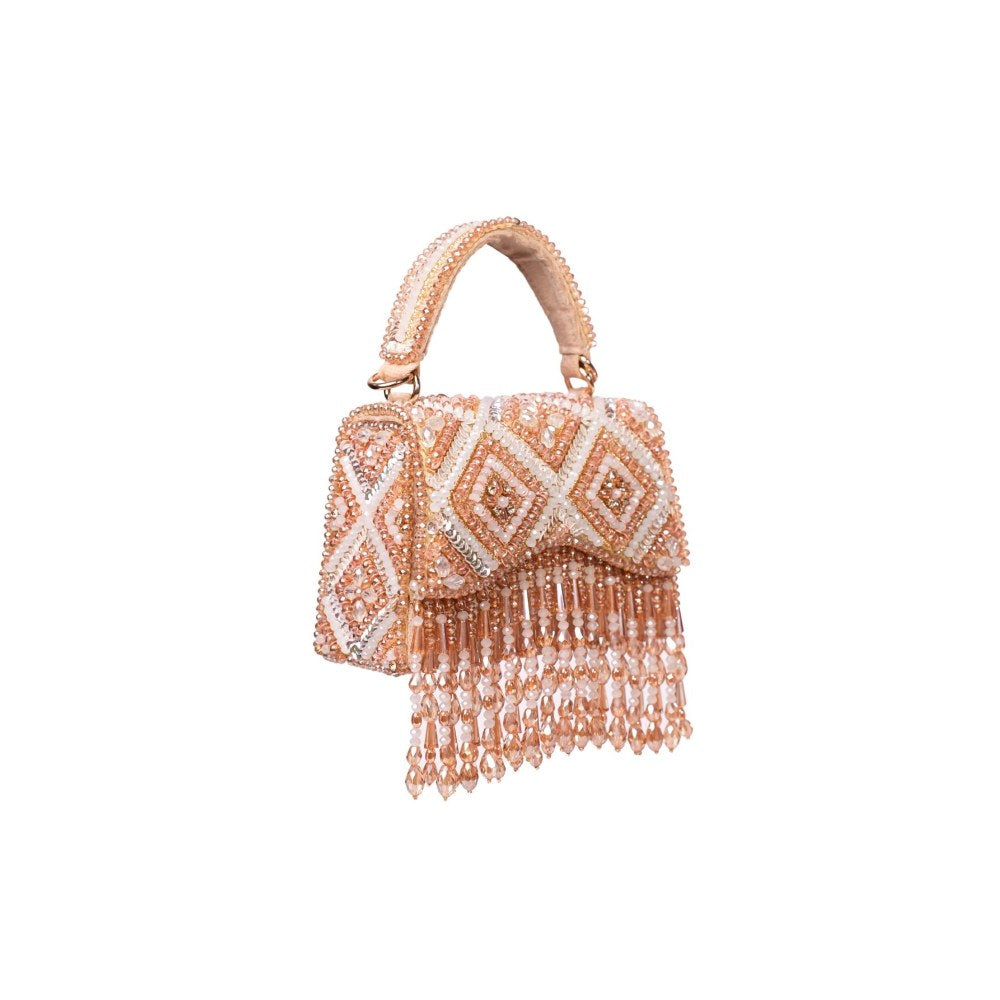 House Of Kosha Elara Gold Pastel Suede Embellished Clutch with Detachable Sling Chain