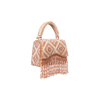 House Of Kosha Elara Gold Pastel Suede Embellished Clutch with Detachable Sling Chain