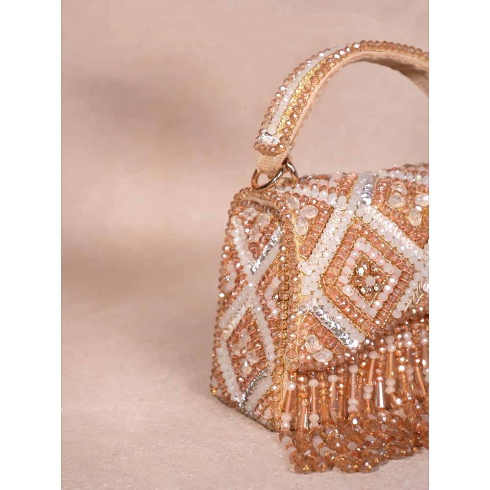 House Of Kosha Elara Gold Pastel Suede Embellished Clutch with Detachable Sling Chain