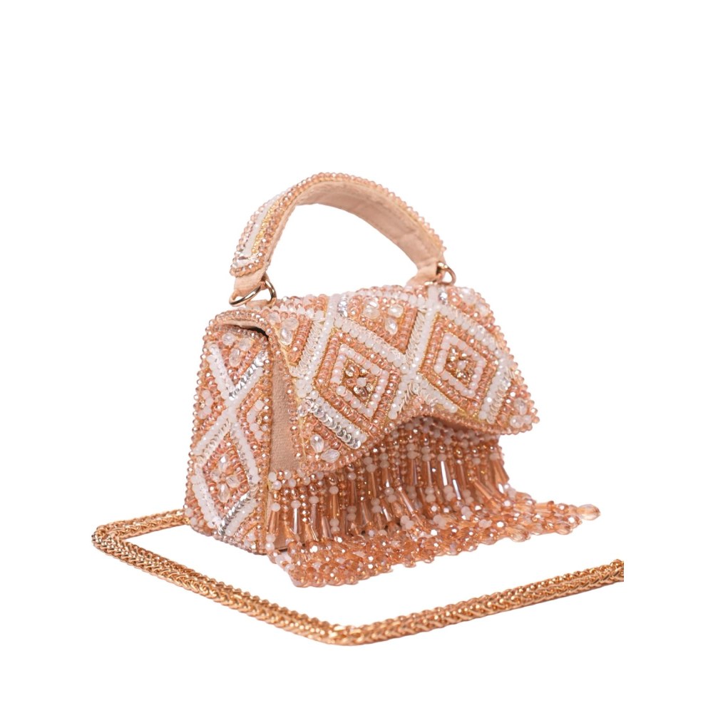 House Of Kosha Elara Gold Pastel Suede Embellished Clutch with Detachable Sling Chain