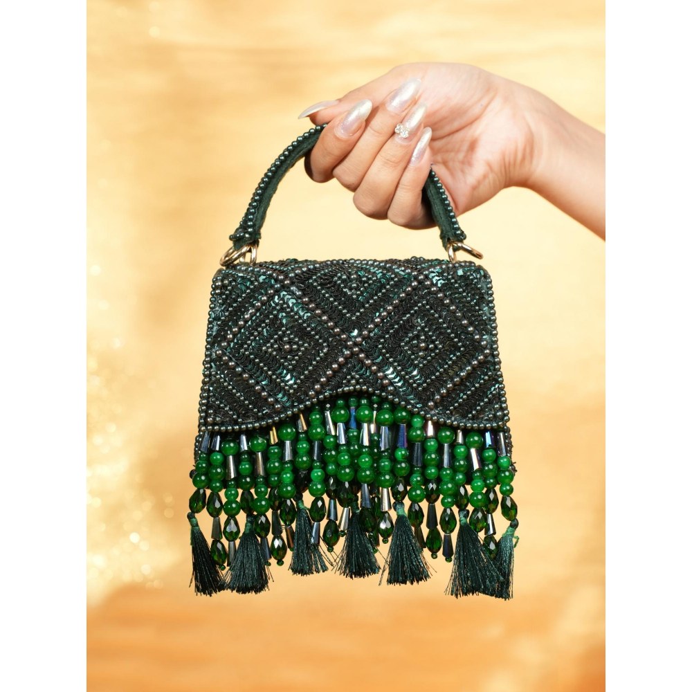 House Of Kosha Elara Green Suede Embellished Clutch with Detachable Sling Chain