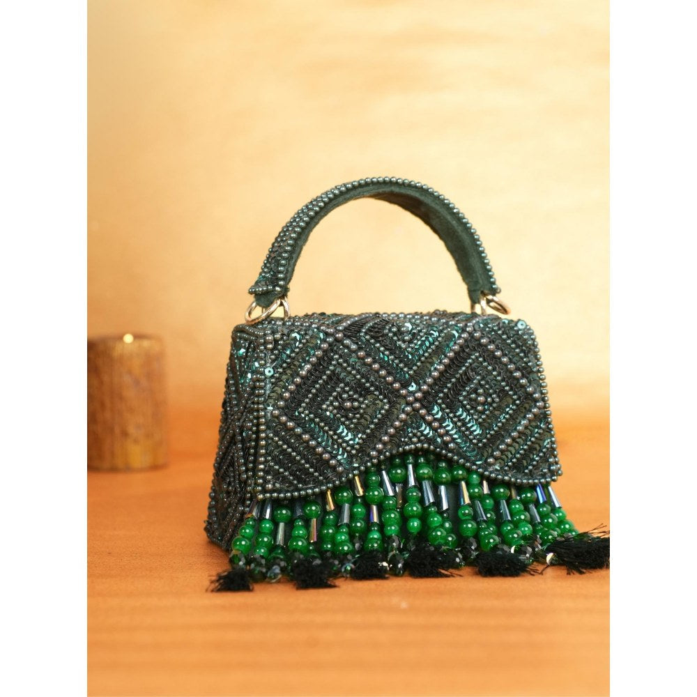 House Of Kosha Elara Green Suede Embellished Clutch with Detachable Sling Chain
