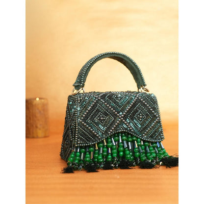 House Of Kosha Elara Green Suede Embellished Clutch with Detachable Sling Chain
