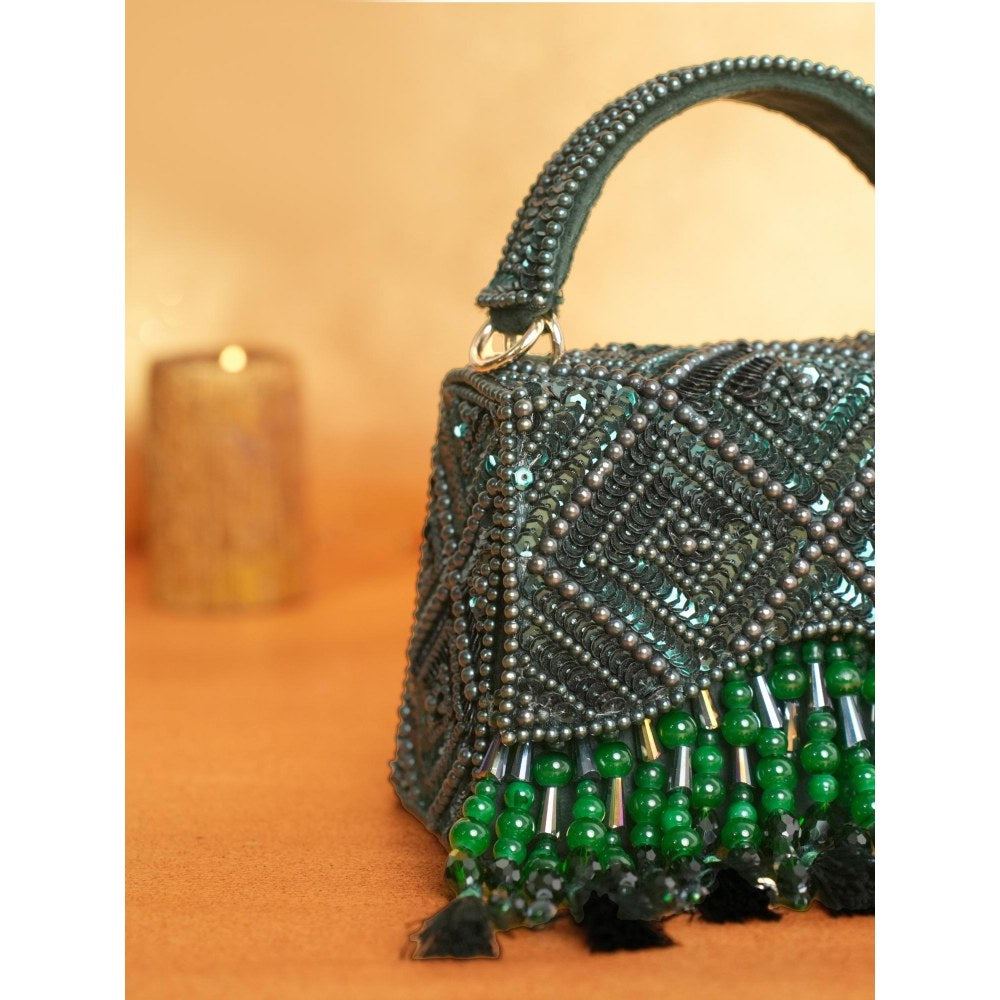 House Of Kosha Elara Green Suede Embellished Clutch with Detachable Sling Chain
