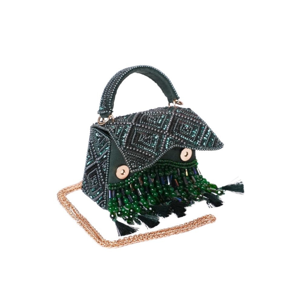 House Of Kosha Elara Green Suede Embellished Clutch with Detachable Sling Chain