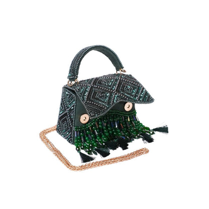 House Of Kosha Elara Green Suede Embellished Clutch with Detachable Sling Chain