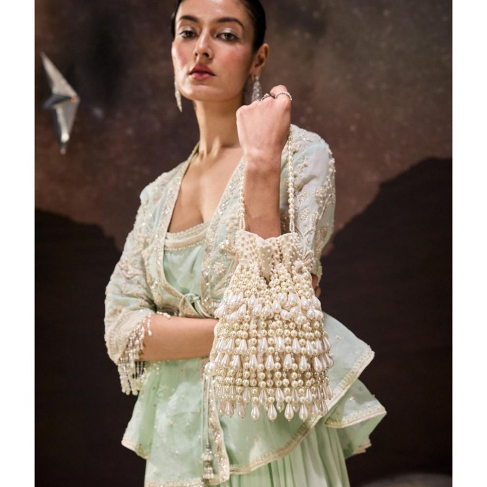 House Of Kosha Zarah Ivory Pearl Suede Potli with Detachable Strap