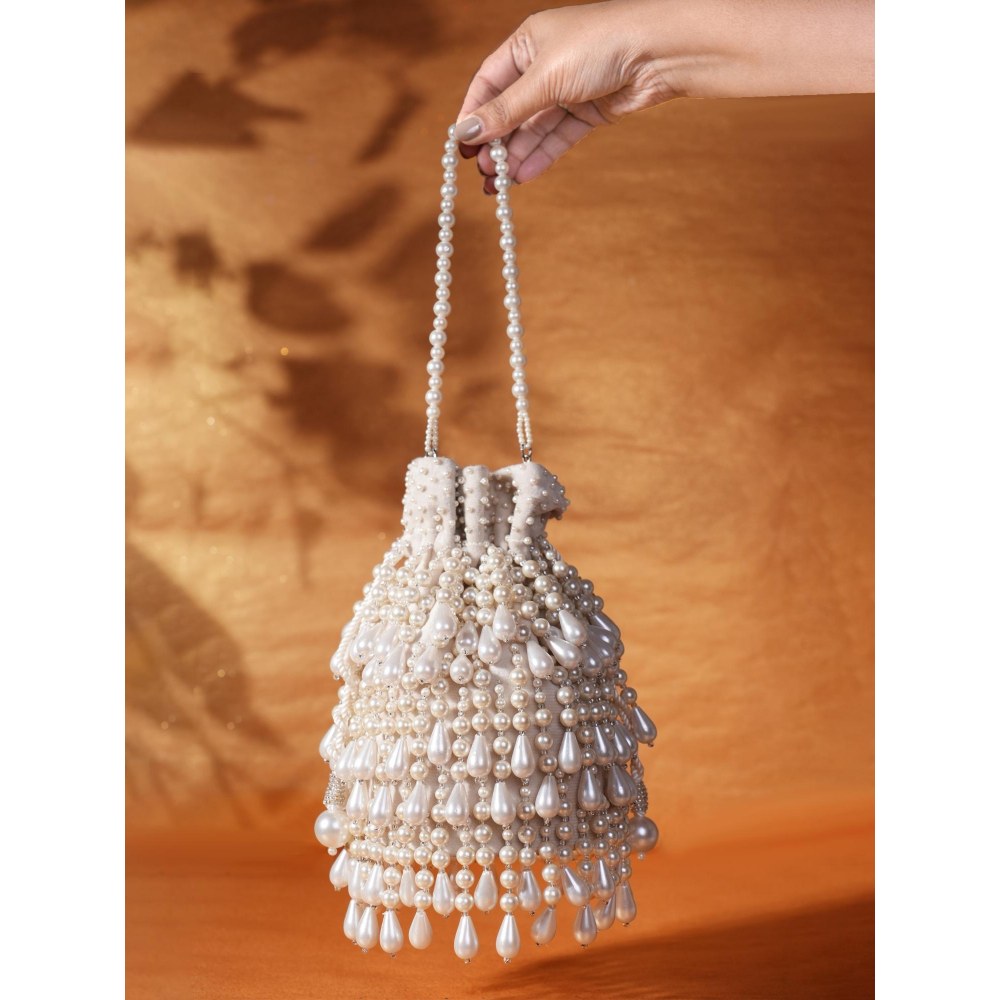 House Of Kosha Zarah Ivory Pearl Suede Potli with Detachable Strap