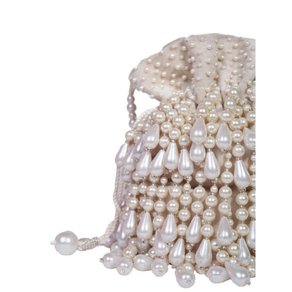 House Of Kosha Zarah Ivory Pearl Suede Potli with Detachable Strap